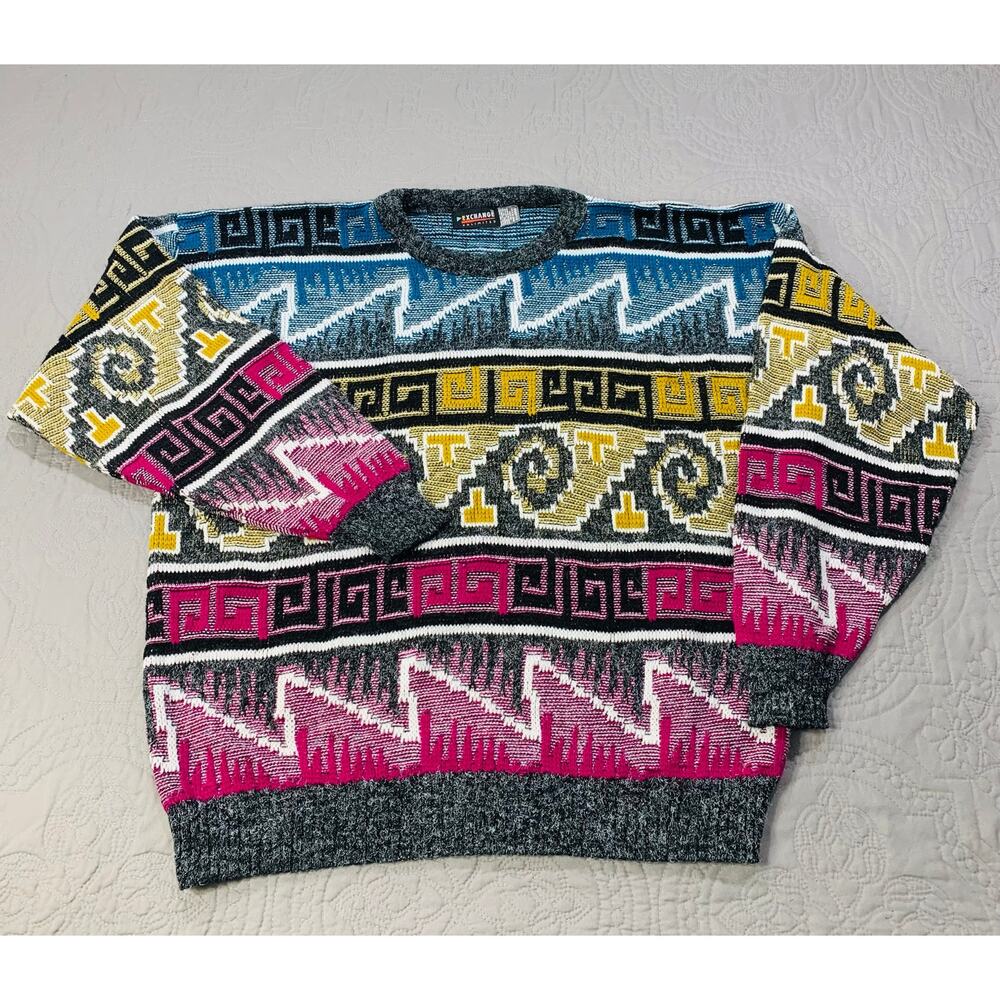 Vintage Sweater Mens‎ X Large Geometric Pullover Hairy Fuzzy Western Classic